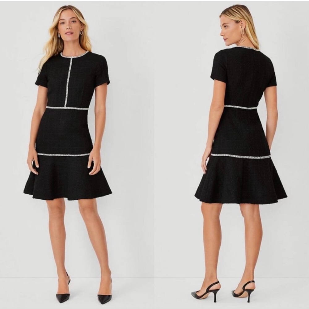 ANN TAYLOR BLACK CONTRAST TRIM TWEED FLOUNCE DRESS SIZE 6